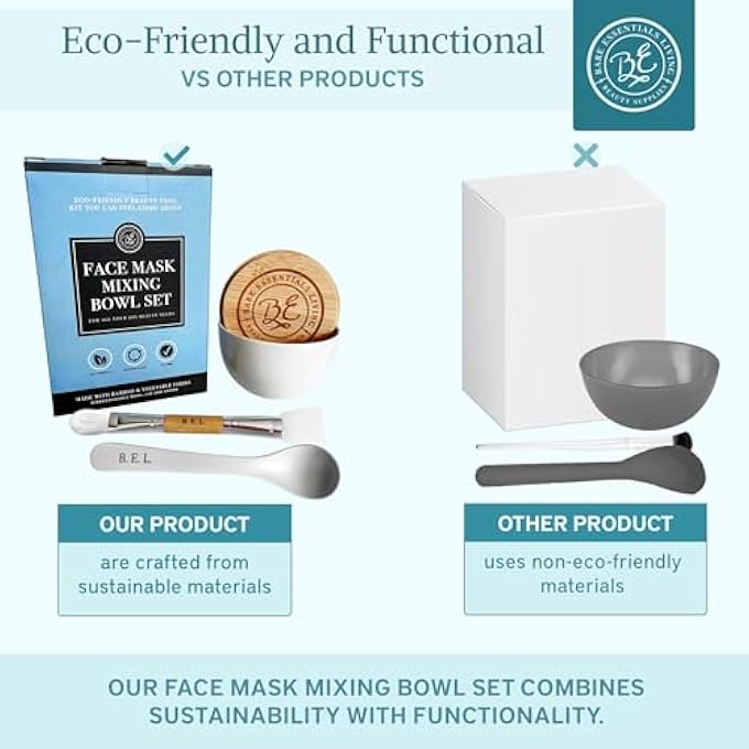 Bare Essentials Living CLAY FACE MASK MIXING BOWL SET- KIT WITH BAMBOO LID, SPOON, DUAL SIDED FACE MASK BRUSH APPLICATOR SOFT SILICONE SPATULA AND FACE MASK BRUSH FOR DIY CLAY MUD MASK, FACIALS, BODY AND HAIR (WHITE) - Image 4